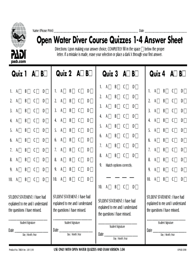 Padi Open Water Final Exam Answers PDF  Form