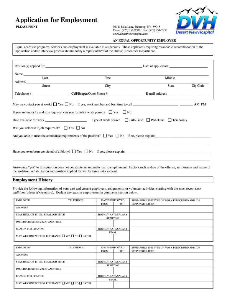 Application for Employment Desert View Hospital  Form