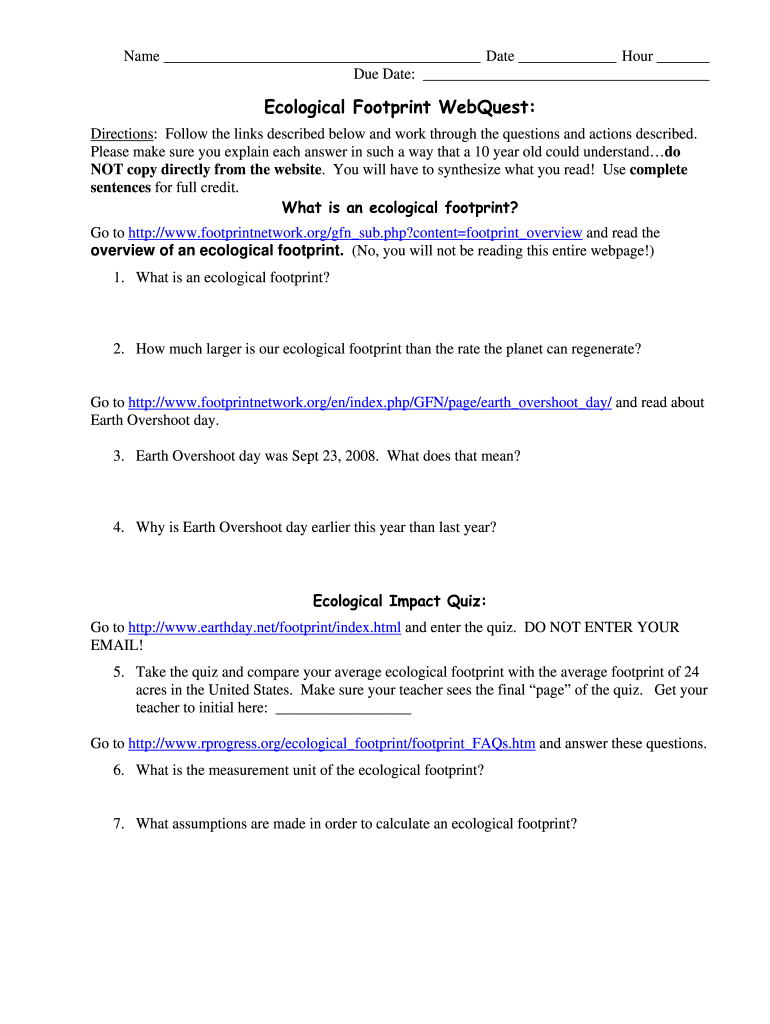 Ecological Footprint Webquest  Form