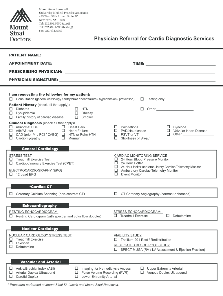 Physician Referral for Cardio Diagnostic Services  Form