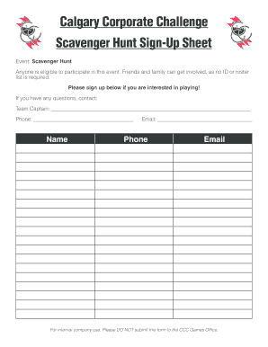 Calgary Corporate Challenge Scavenger Hunt Sign Up Sheet  Form