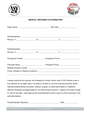 MEDICAL TREATMENT AUTHORIZATION AYSO Region 1447 Ayso1447  Form