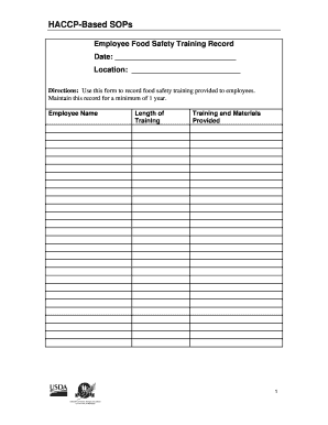 Employee Food Safety Training Record  Form
