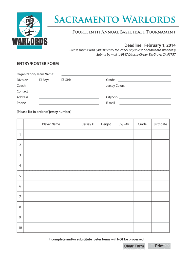 Fourteenth Annual Basketball Tournament  Form