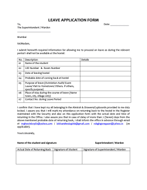 Hostel Leave Application for Festival  Form