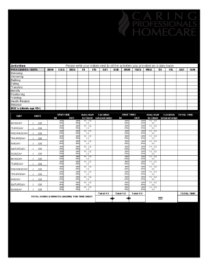 PCA Bi Weekly CPH Timesheet Caring Professionals Homecare  Form