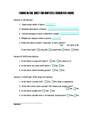 Fabric Detail Sheet  Form