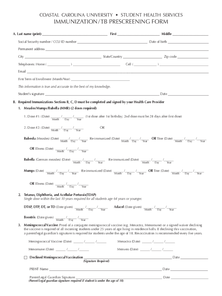 Tb Pre Screening Questionnaire Coastal Carolina  Form