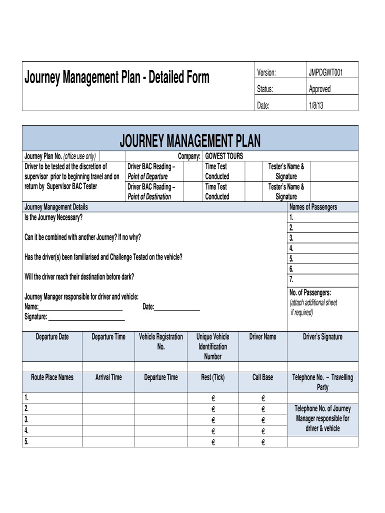 Journey Management Plan Template PDF  Form