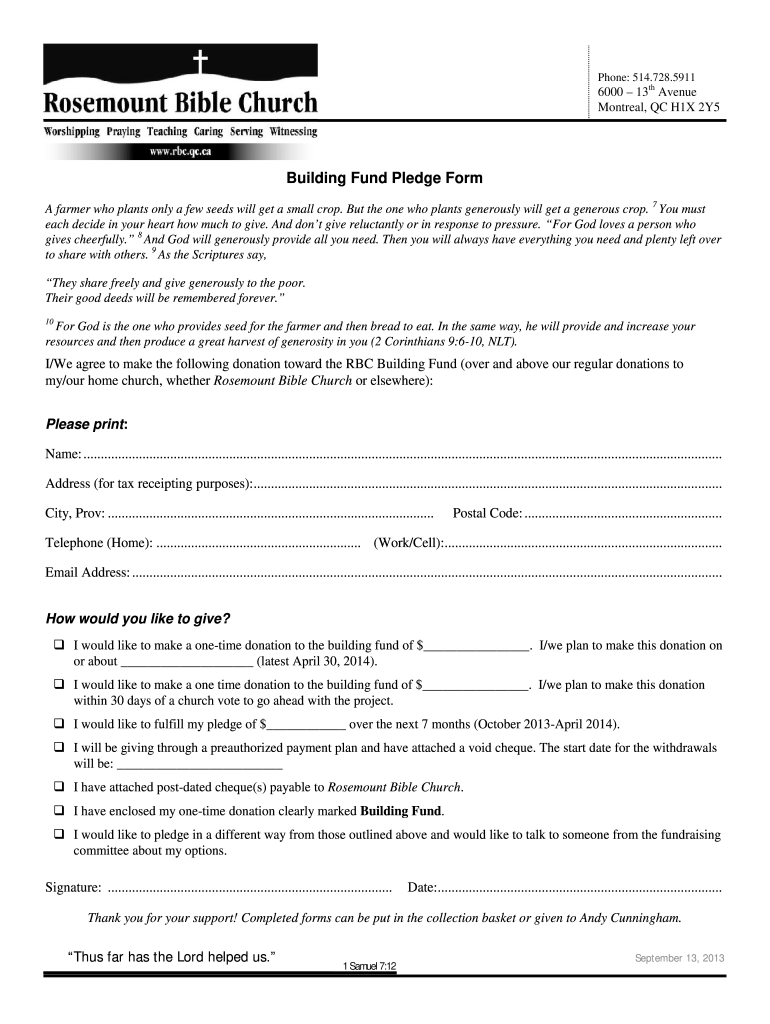 Building Fund Pledge Form Rosemount Bible Church Rbc Qc