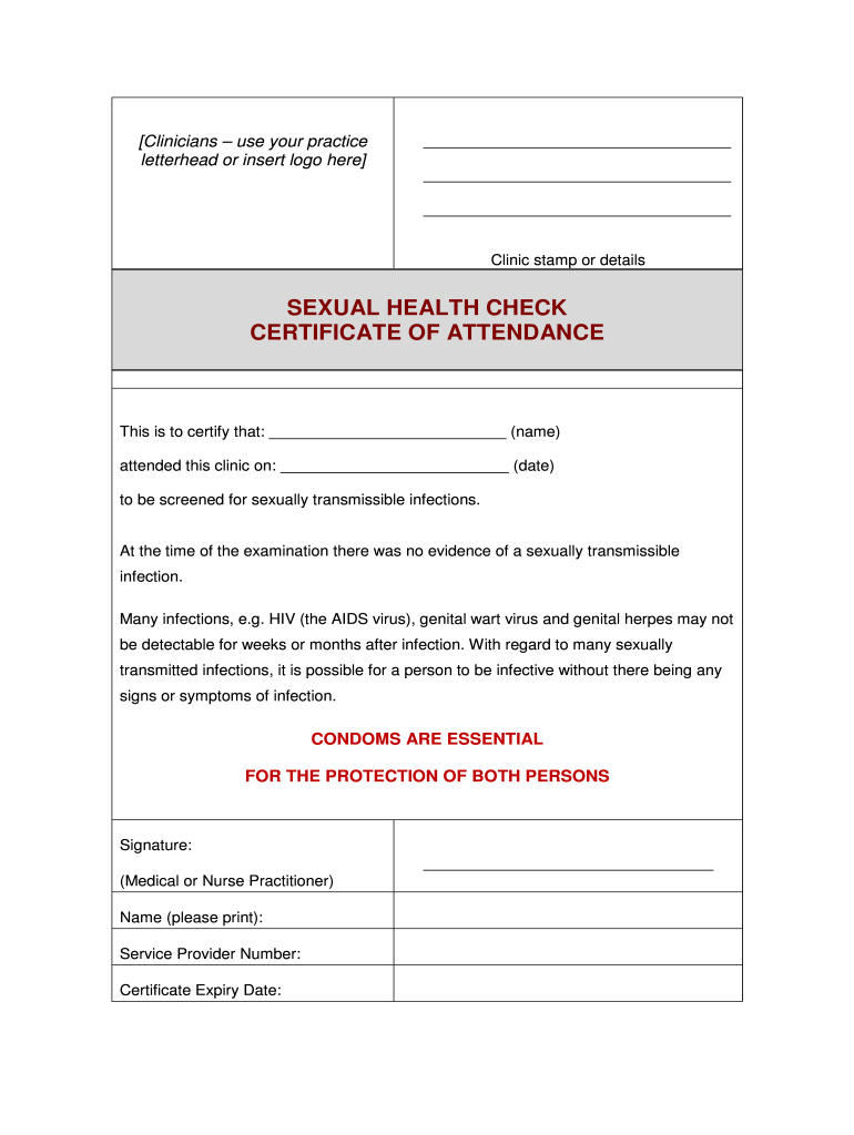 Sexual Health Check Certificate Attendance  Form