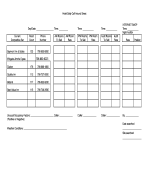 Hotel Daily Call around Sheet INTERNET SHOP DayDate Time  Form