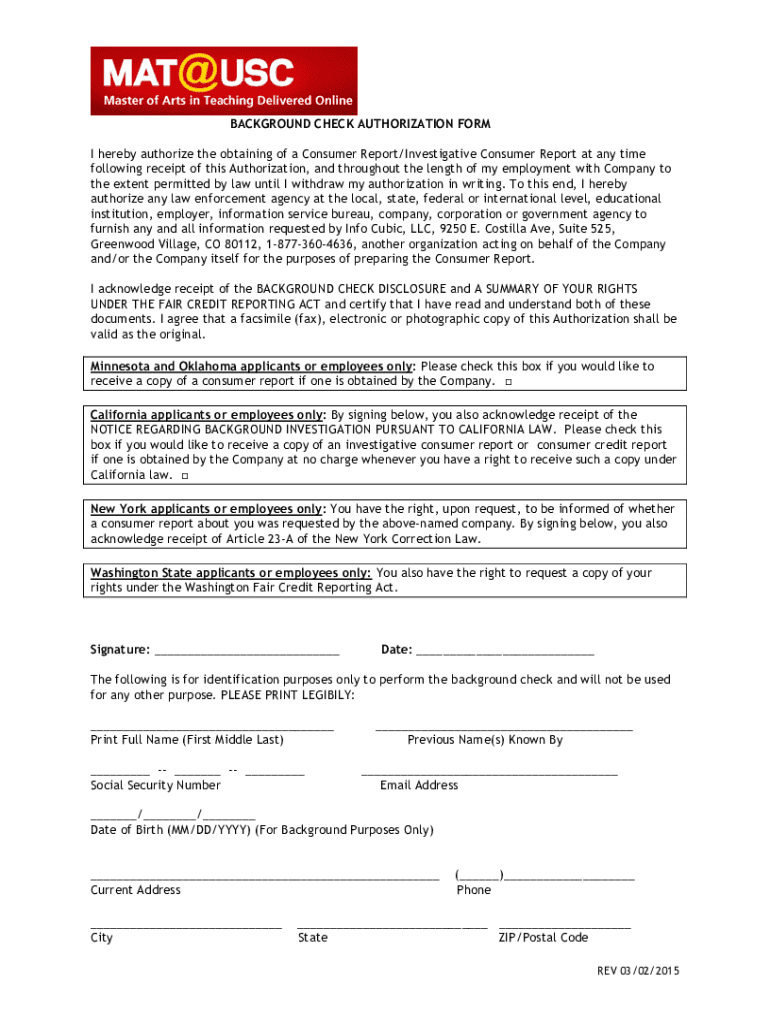 Info Cubic Background Check  Form