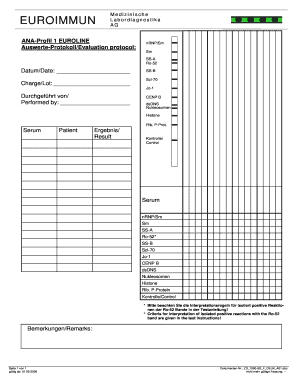 EUROIMMUN Medizinische Labordiagnostika AG ANAProfil 1 EUROLINE AuswerteProtokollEvaluation Protocol NRNPSm Sm SSA Ro52 DatumDat  Form