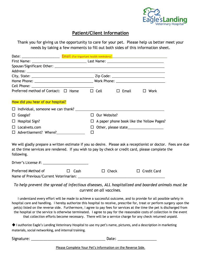 New Client Registration BFormb Eagle39s Landing Veterinary Hospital