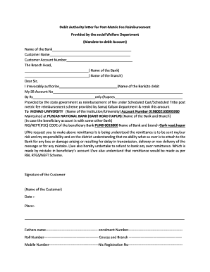 Debit Authority Letter for Post Matric Fee Reimbursement  Form