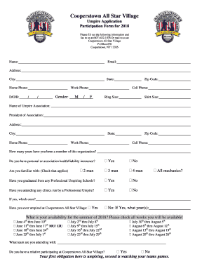  Cooperstown All Star Village Umpire Application Participation Form for Please Fill Out the Following Information and Fax to Us a 2018