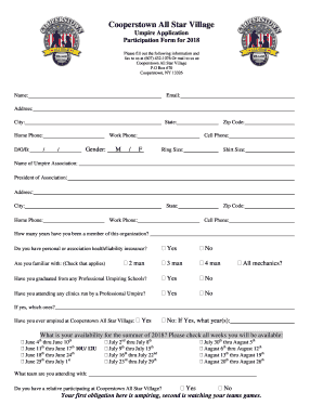 Cooperstown All Star Village Umpire Application Participation Form for Please Fill Out the Following Information and Fax to Us a 2018