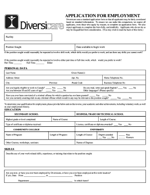Diversicare Application Form