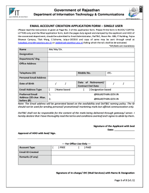 Application for Email Account for a Single User  Form