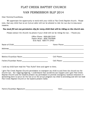 Flat Creek Baptist Church Van Permission Slip Vacation Bible  Form