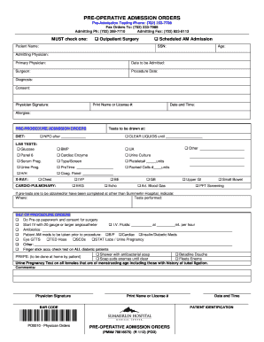 Summerlin Hospital Pre Operative Admission Orders  Form