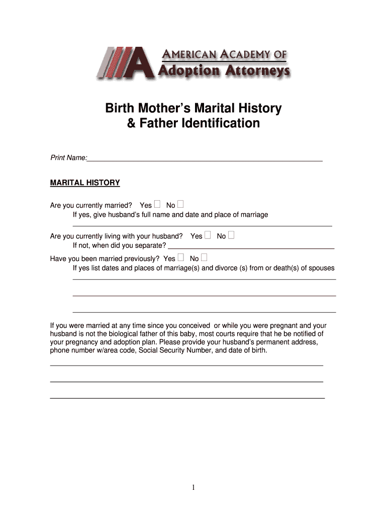 Birth Mothers Marital History Amp Father Identification  Form
