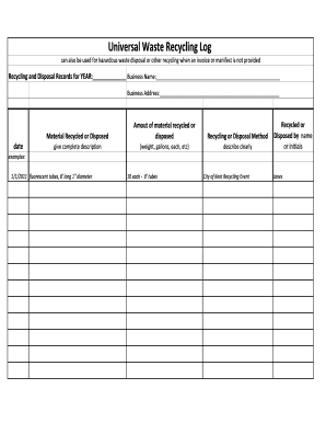 Universal Waste Recycling Log BEnviroStarsb Envirostars  Form