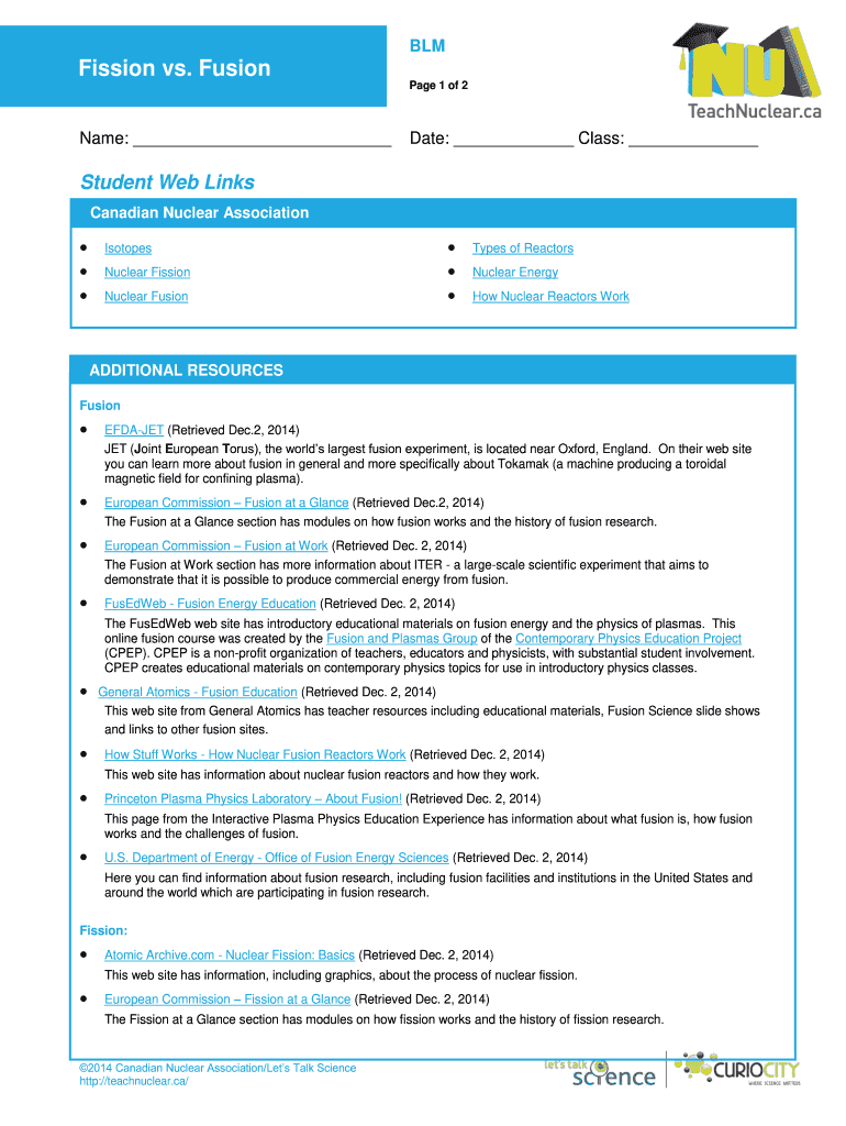 BLM  Fission Vs Fusion Student Links  Teach Nuclear  Teachnuclear  Form