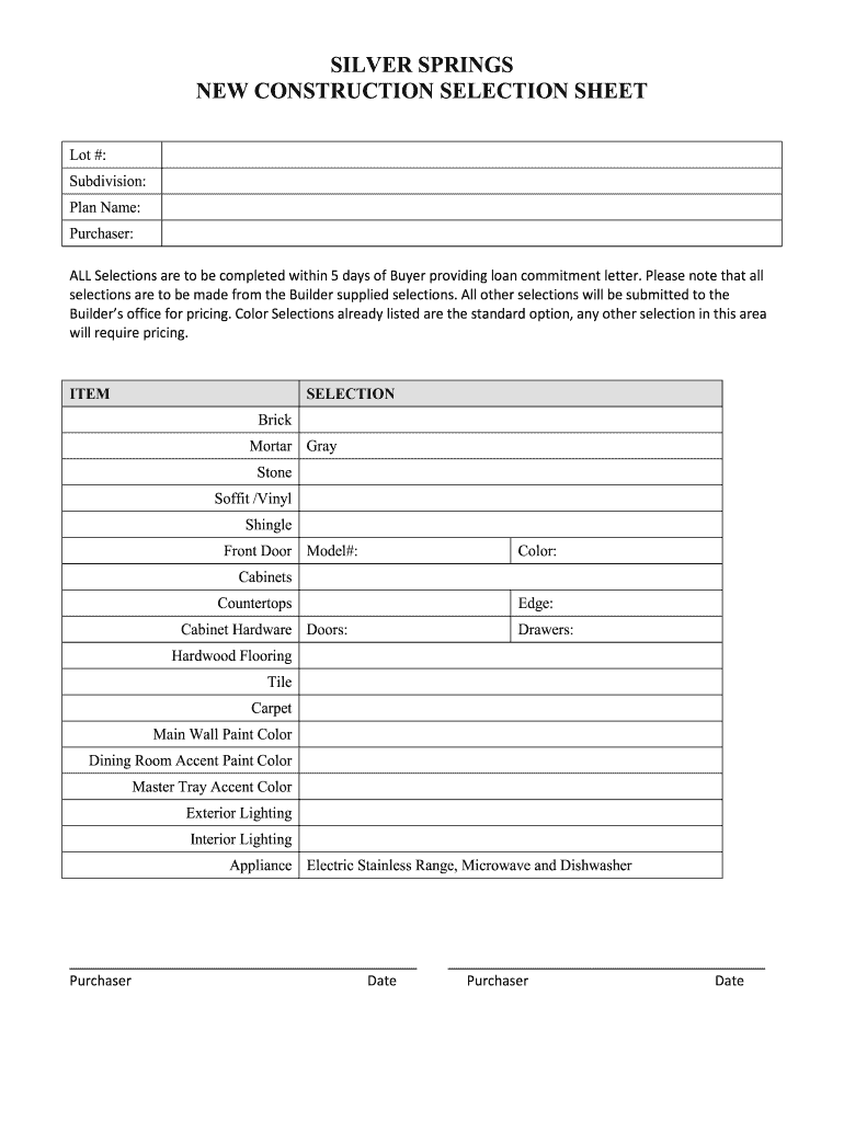 Construction Selection Sheet  Form