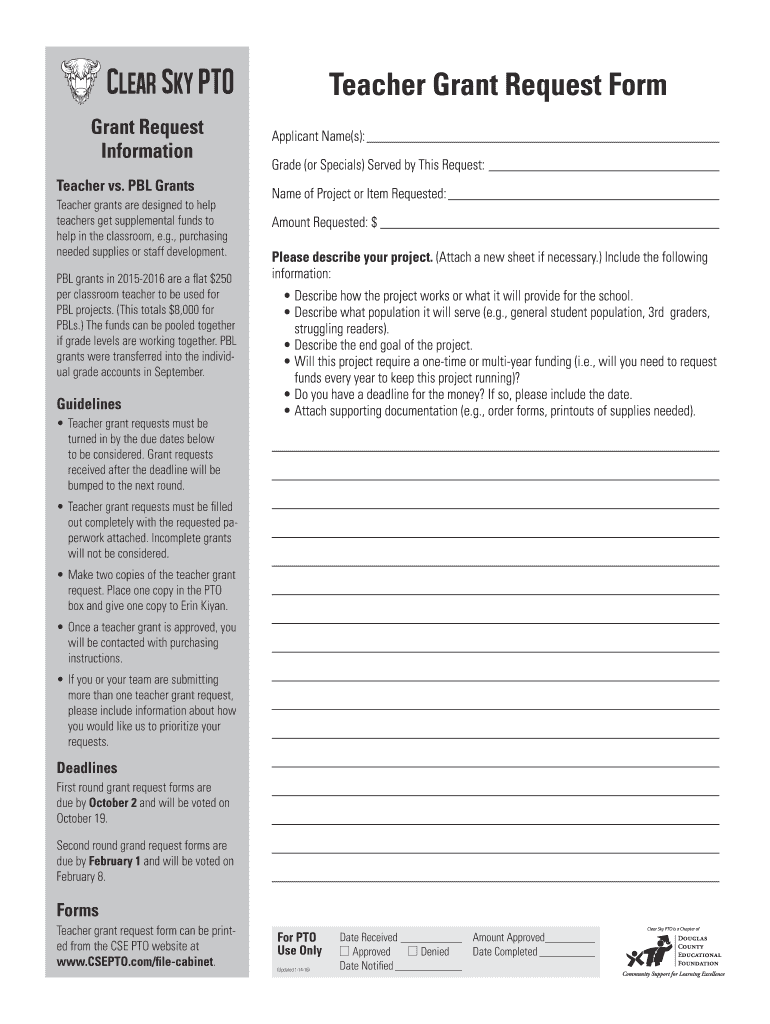 Teacher Grant Request Form Clear Sky PTO