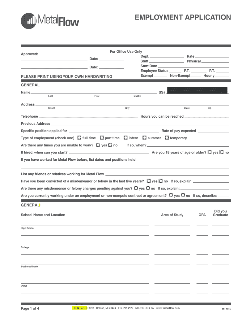 66814 Employment Application Metal Flow Corporation  Form