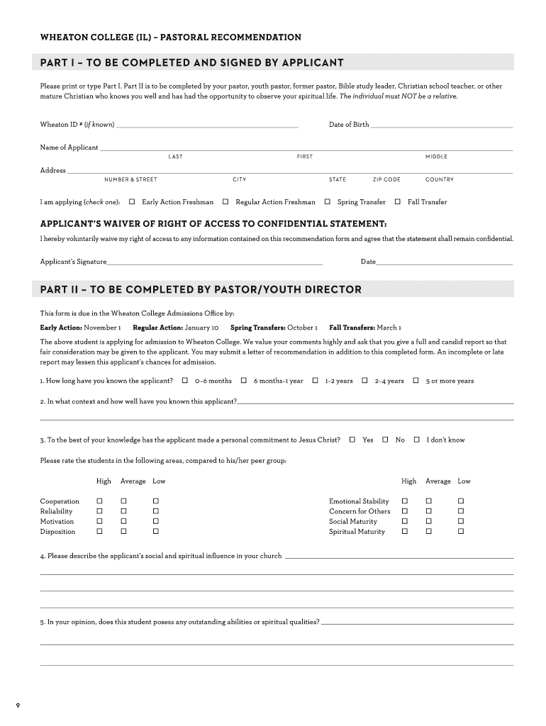 Wheaton Pastoral Recommendation  Form