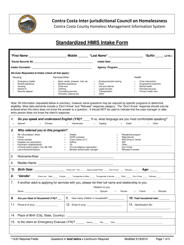  Contra Costa Standardized HMIS Intake Form  Contra Costa Health    Cchealth 2012