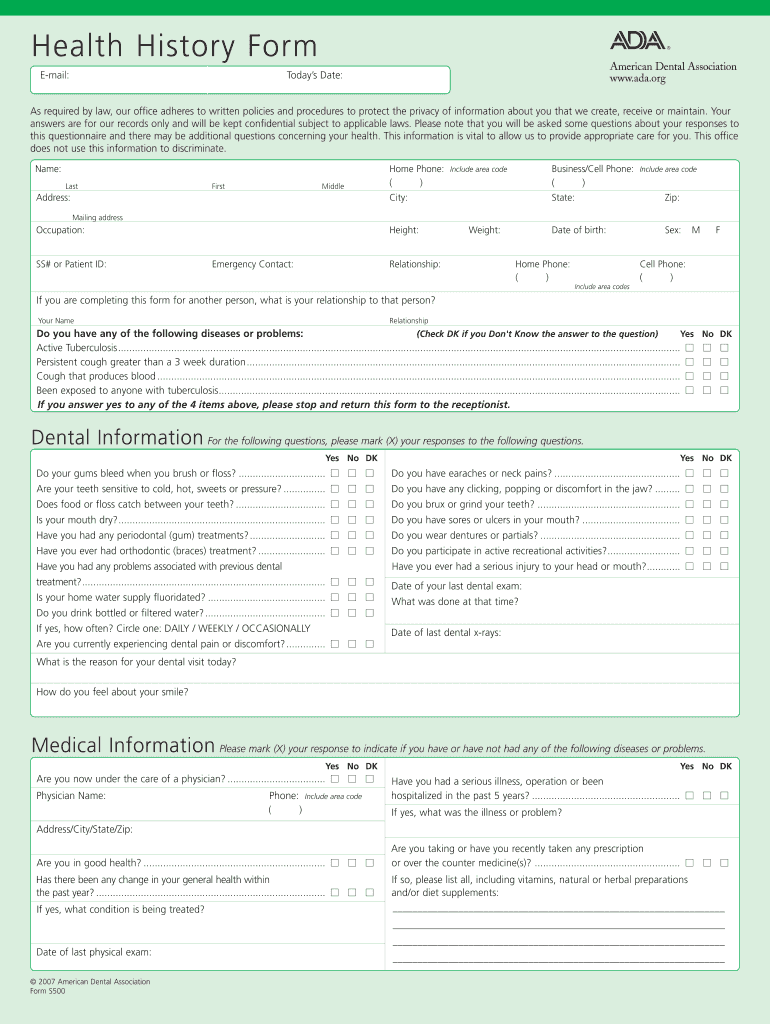  Health History Forms Ada 2007