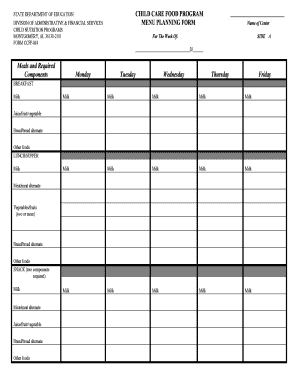 Alabama Child Care Food  Form