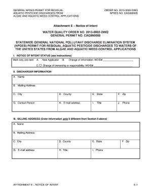 GENERAL NPDES PERMIT for RESIDUAL AQUATIC PESTICIDE DISCHARGES from ALGAE and AQUATIC WEED CONTROL APPLICATIONS Waterboards Ca  Form