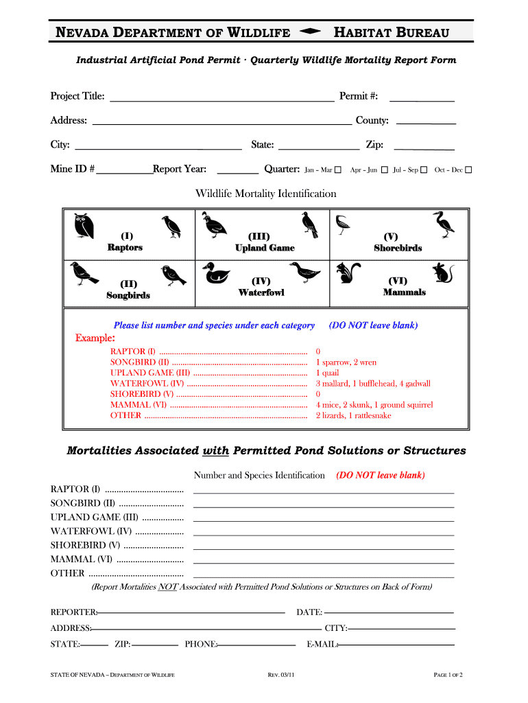  Industrial Artificial Pond Permit Quarterly Wildlife Mortality Report Form 2011-2024