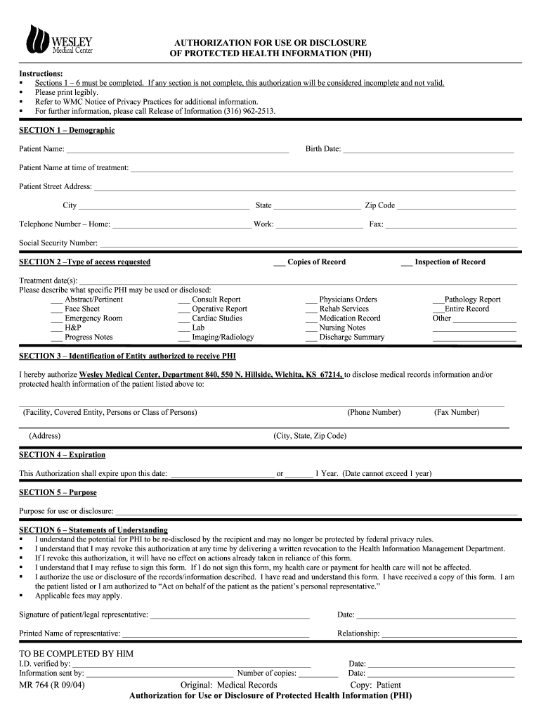 Wesley Medical Center Medical Records  Form