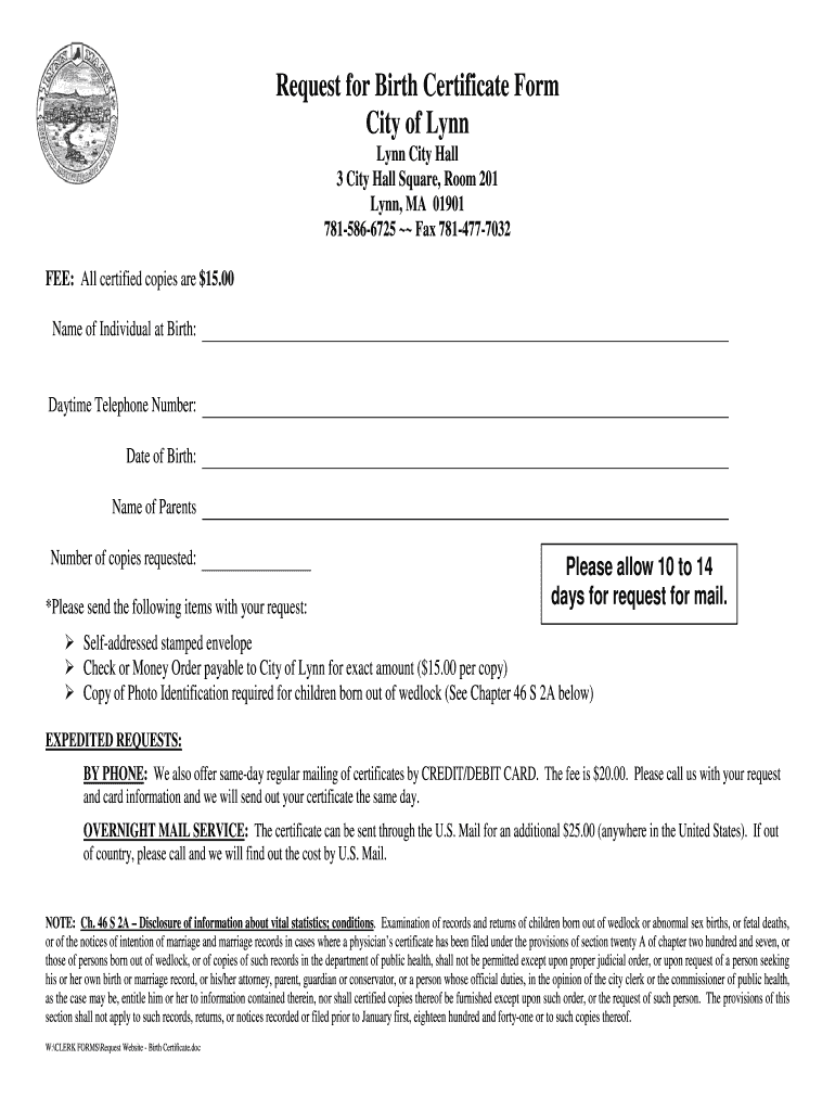 Get and Sign Lynn City Hall Birth Certificate  Form