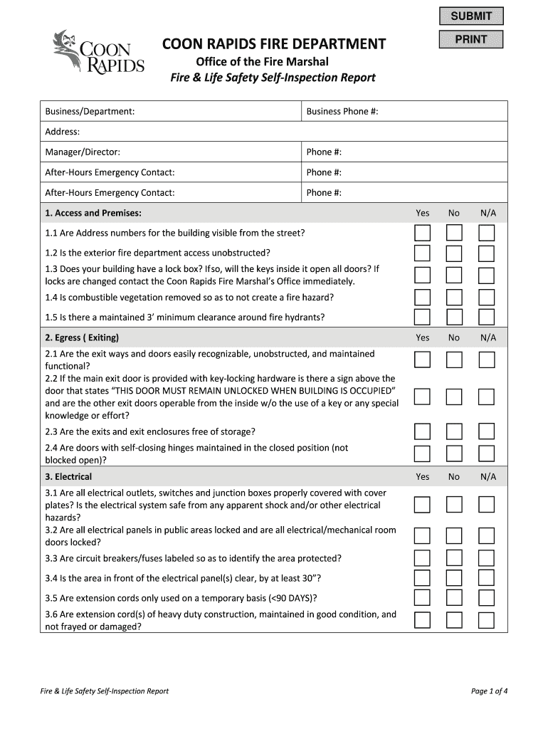 Fire Life Safety Self Inspection Form Coon Rapids, Minnesota