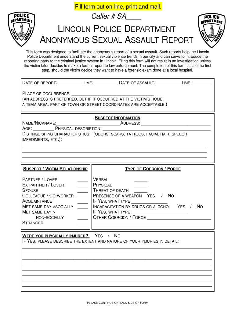 Lincoln Police Department Anonymous Sexual Assault Report  Form
