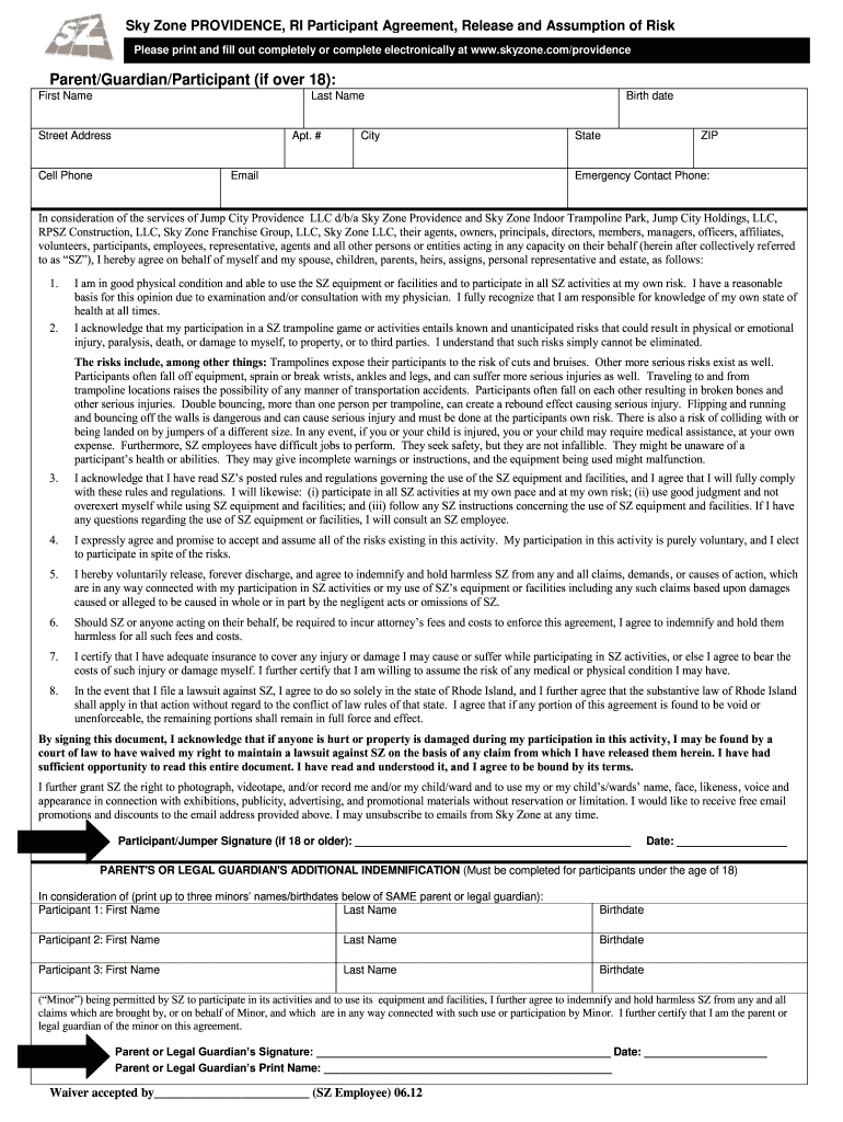  Sky Zone Waiver 2012-2024