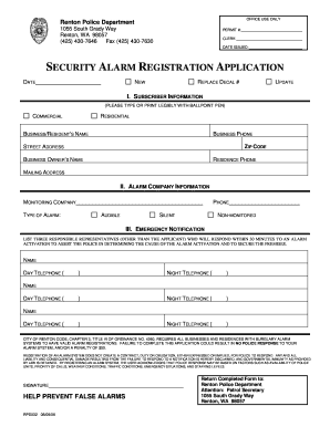 SECURITY ALARM REGISTRATION APPLICATION City of Renton Rentonwa  Form