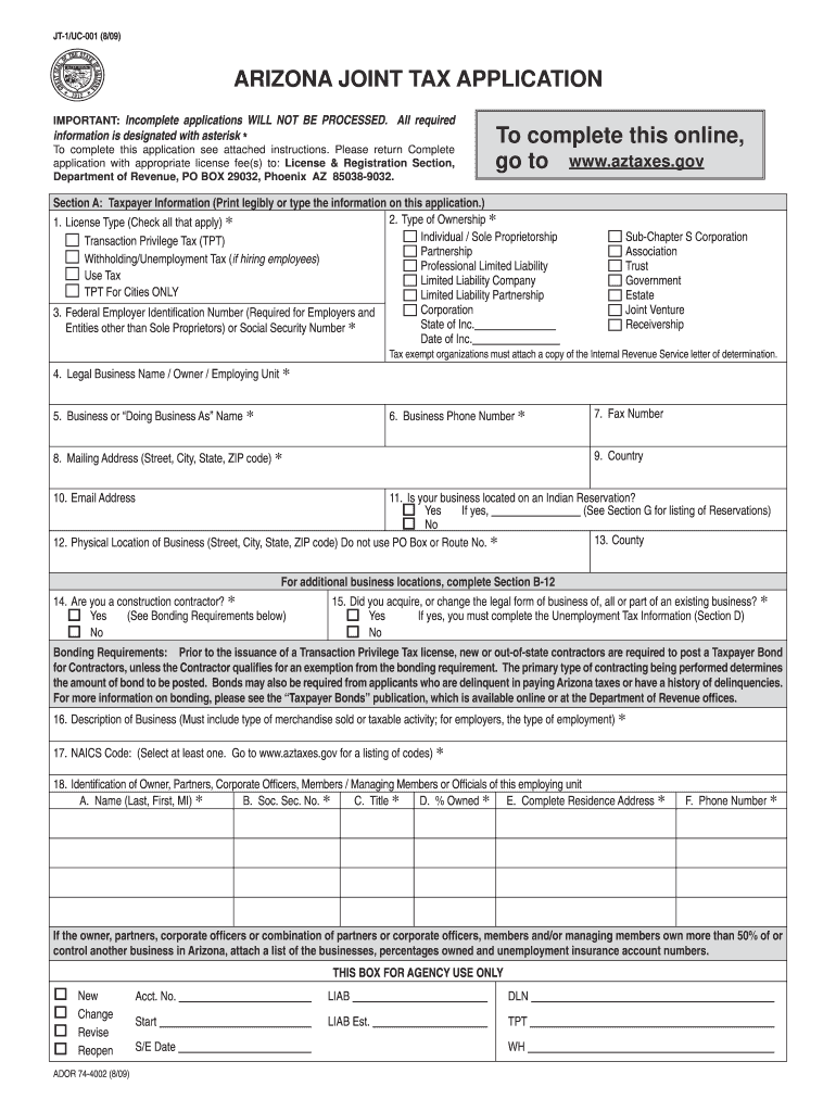  Arizona Joint Tax Application Form 2019
