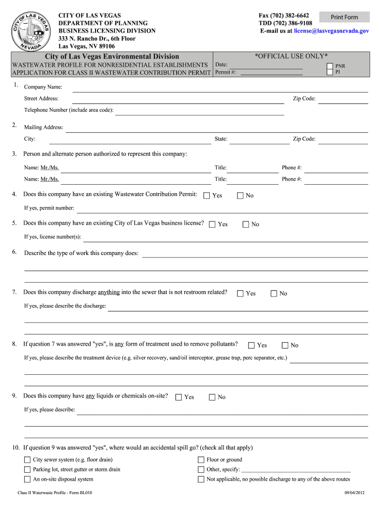 Wastewater Profile BL010  City of Las Vegas  Lasvegasnevada  Form