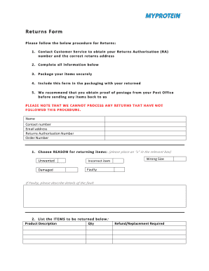 Myprotein Returns  Form