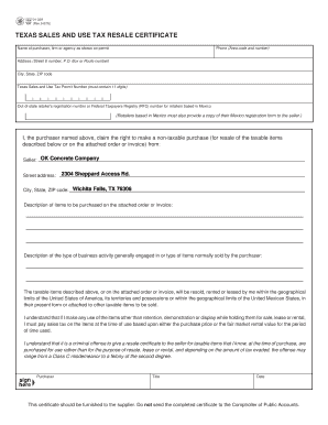 TEXAS SALES and USE TAX RESALE CERTIFICATE OK Concrete  Form