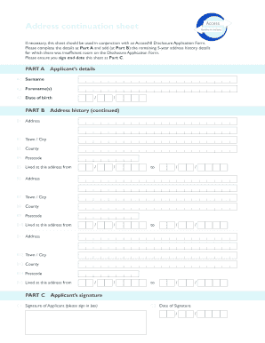 AccessNI Address Continuation Sheet  Form