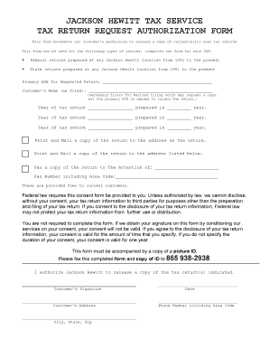 Jackson Hewitt Tax Service Tax Return Request Authorization Form